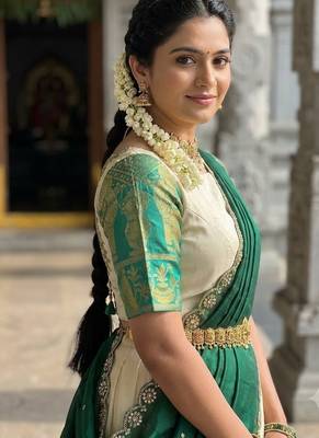 South Indian Style Semi-Stitched Half Saree with Blouse and Dupatta 4