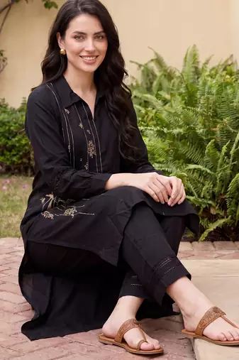 Black embroidered viscose rayon kurta trouser set