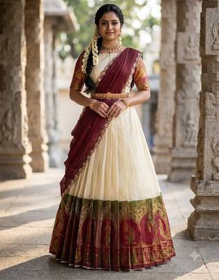 South Indian Style Semi-Stitched Half Saree with Blouse and Dupatta 1