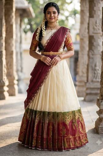 South Indian Style Semi-Stitched Half Saree with Blouse and Dupatta