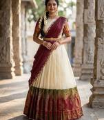 South Indian Style Semi-Stitched Half Saree with Blouse and Dupatta