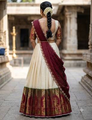 South Indian Style Semi-Stitched Half Saree with Blouse and Dupatta 2