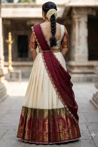 South Indian Style Semi-Stitched Half Saree with Blouse and Dupatta
