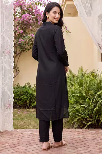 Black embroidered viscose rayon kurta trouser set