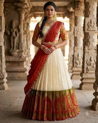 South Indian Style Semi-Stitched Half Saree with Blouse and Dupatta 1