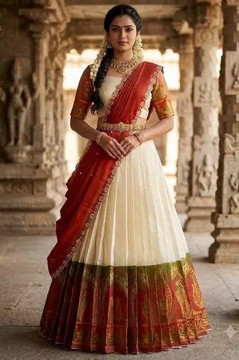 South Indian Style Semi-Stitched Half Saree with Blouse and Dupatta