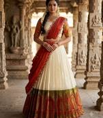 South Indian Style Semi-Stitched Half Saree with Blouse and Dupatta