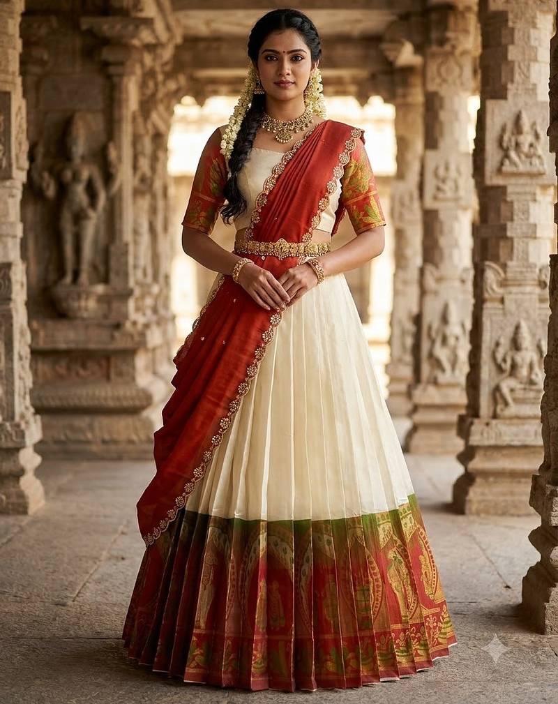 South Indian Style Semi-Stitched Half Saree with Blouse and Dupatta