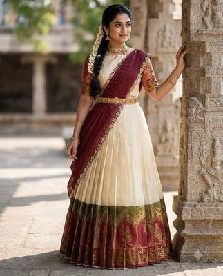 South Indian Style Semi-Stitched Half Saree with Blouse and Dupatta 3