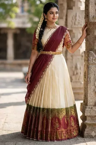 South Indian Style Semi-Stitched Half Saree with Blouse and Dupatta