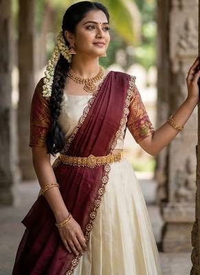 South Indian Style Semi-Stitched Half Saree with Blouse and Dupatta 4