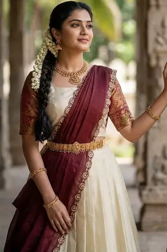 South Indian Style Semi-Stitched Half Saree with Blouse and Dupatta