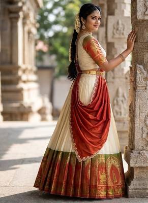 South Indian Style Semi-Stitched Half Saree with Blouse and Dupatta 2