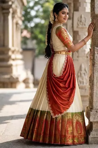 South Indian Style Semi-Stitched Half Saree with Blouse and Dupatta