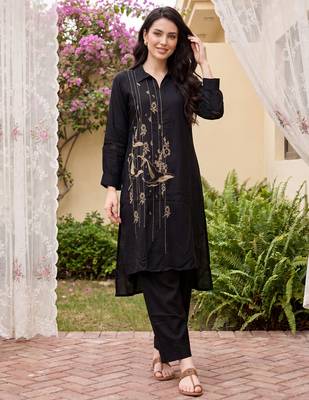 Black embroidered viscose rayon kurta trouser set 1