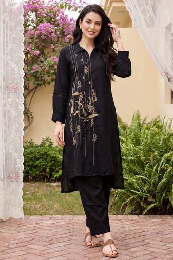 Black embroidered viscose rayon kurta trouser set