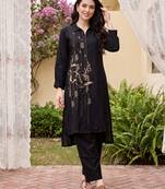 Black embroidered viscose rayon kurta trouser set