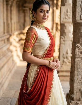 South Indian Style Semi-Stitched Half Saree with Blouse and Dupatta 3
