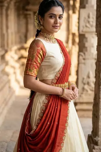 South Indian Style Semi-Stitched Half Saree with Blouse and Dupatta