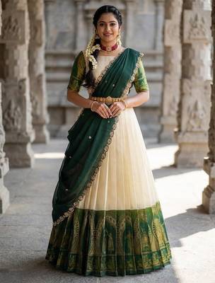 South Indian Style Semi-Stitched Half Saree with Blouse and Dupatta 1
