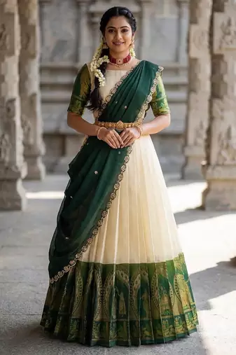 South Indian Style Semi-Stitched Half Saree with Blouse and Dupatta