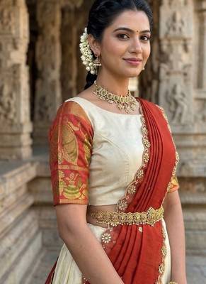South Indian Style Semi-Stitched Half Saree with Blouse and Dupatta 4
