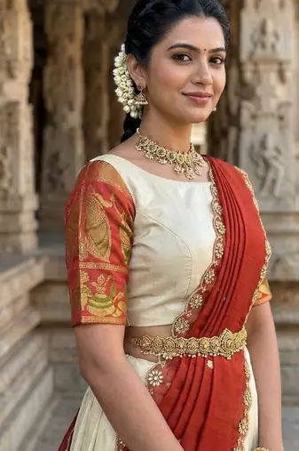 South Indian Style Semi-Stitched Half Saree with Blouse and Dupatta