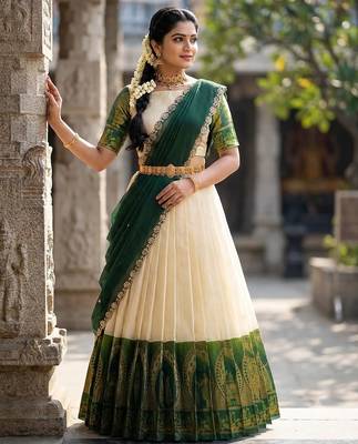 South Indian Style Semi-Stitched Half Saree with Blouse and Dupatta 2