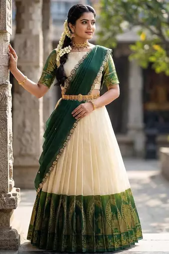 South Indian Style Semi-Stitched Half Saree with Blouse and Dupatta