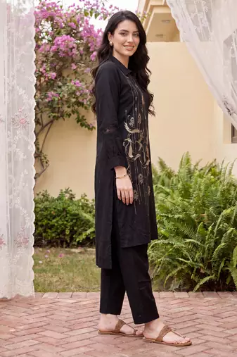 Black embroidered viscose rayon kurta trouser set