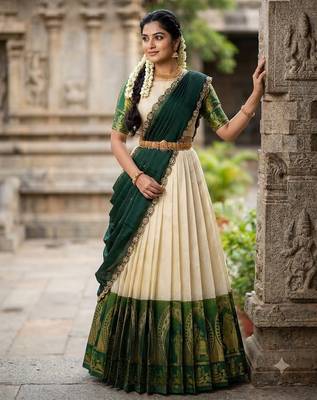 South Indian Style Semi-Stitched Half Saree with Blouse and Dupatta 3
