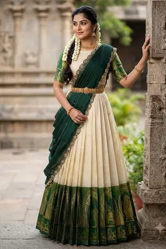 South Indian Style Semi-Stitched Half Saree with Blouse and Dupatta