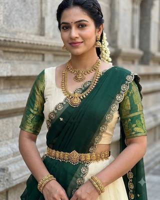 South Indian Style Semi-Stitched Half Saree with Blouse and Dupatta 4