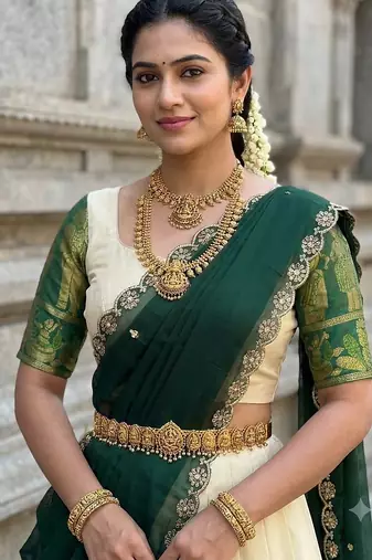 South Indian Style Semi-Stitched Half Saree with Blouse and Dupatta