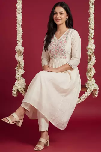 Off white embroidered cotton kurta trouser set