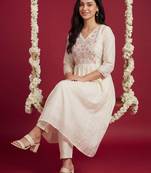 Off white embroidered cotton kurta trouser set