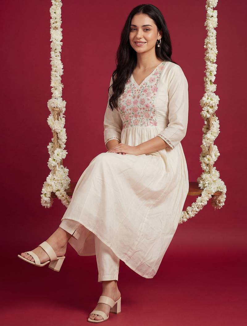 Off white embroidered cotton kurta trouser set