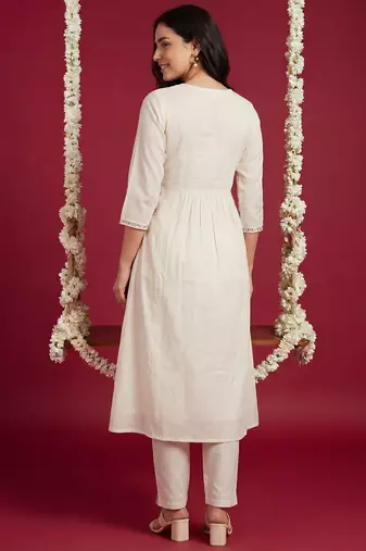 Off white embroidered cotton kurta trouser set