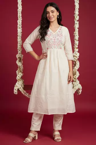 Off white embroidered cotton kurta trouser set