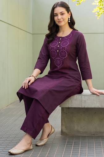 Burgundy embroidered cotton kurta trouser set