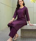 Burgundy embroidered cotton kurta trouser set