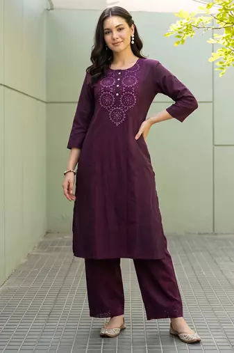 Burgundy embroidered cotton kurta trouser set