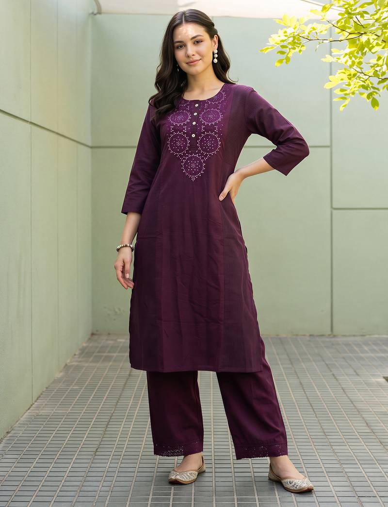 Burgundy embroidered cotton kurta trouser set