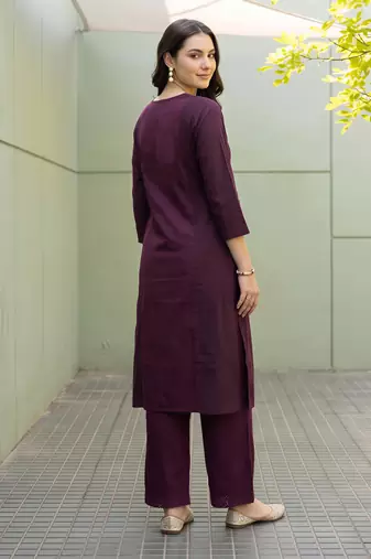 Burgundy embroidered cotton kurta trouser set