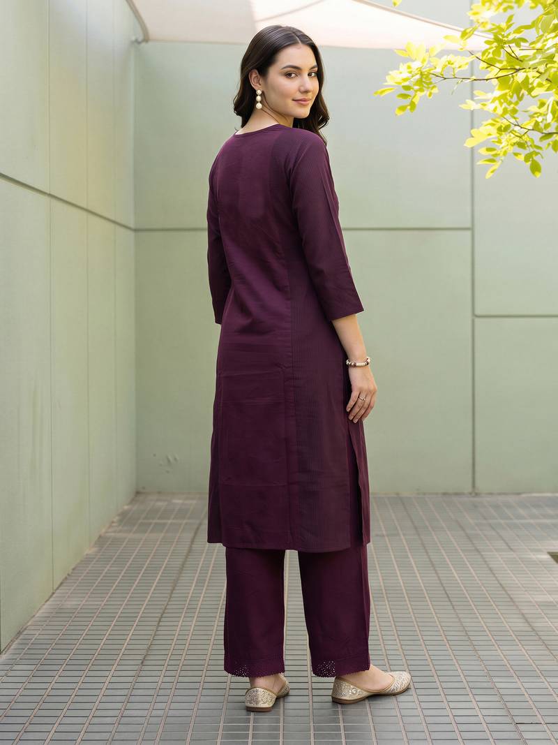 Burgundy embroidered cotton kurta trouser set