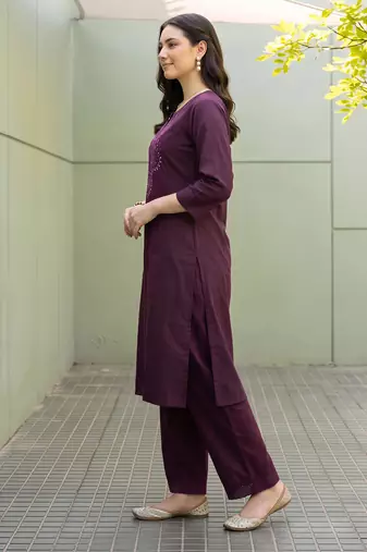 Burgundy embroidered cotton kurta trouser set