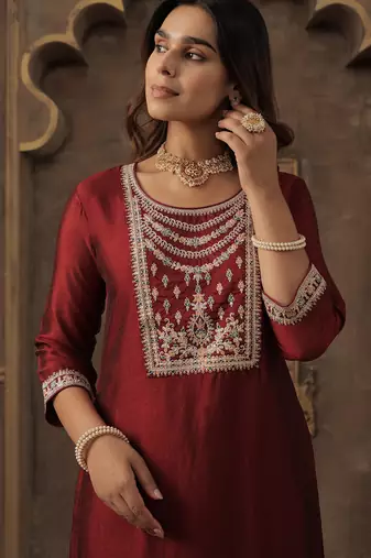 Maroon embroidered liva kurta trouser set