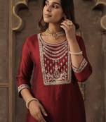 Maroon embroidered liva kurta trouser set