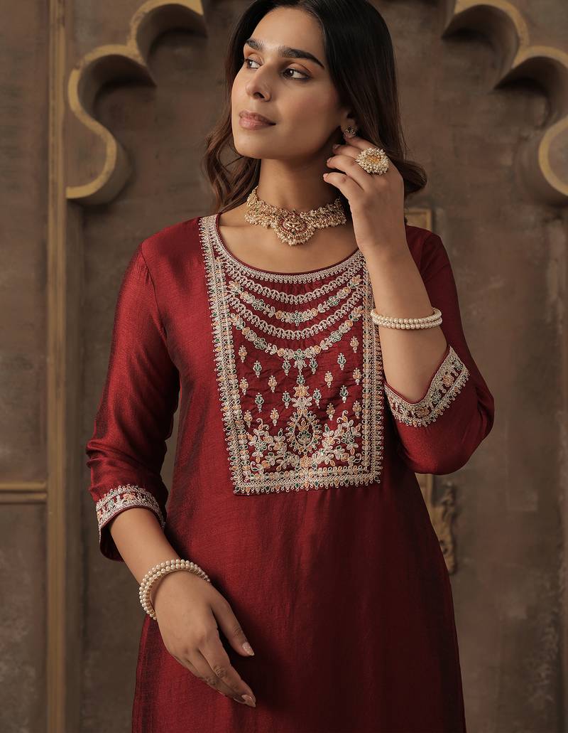 Maroon embroidered liva kurta trouser set
