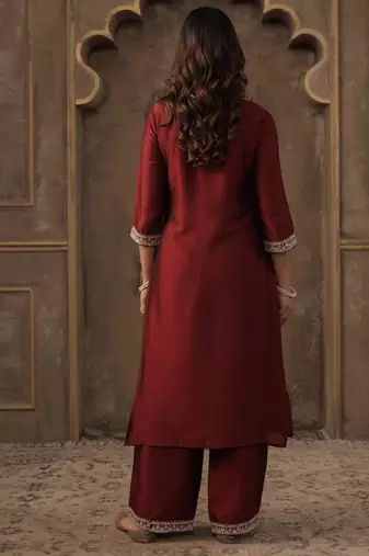 Maroon embroidered liva kurta trouser set